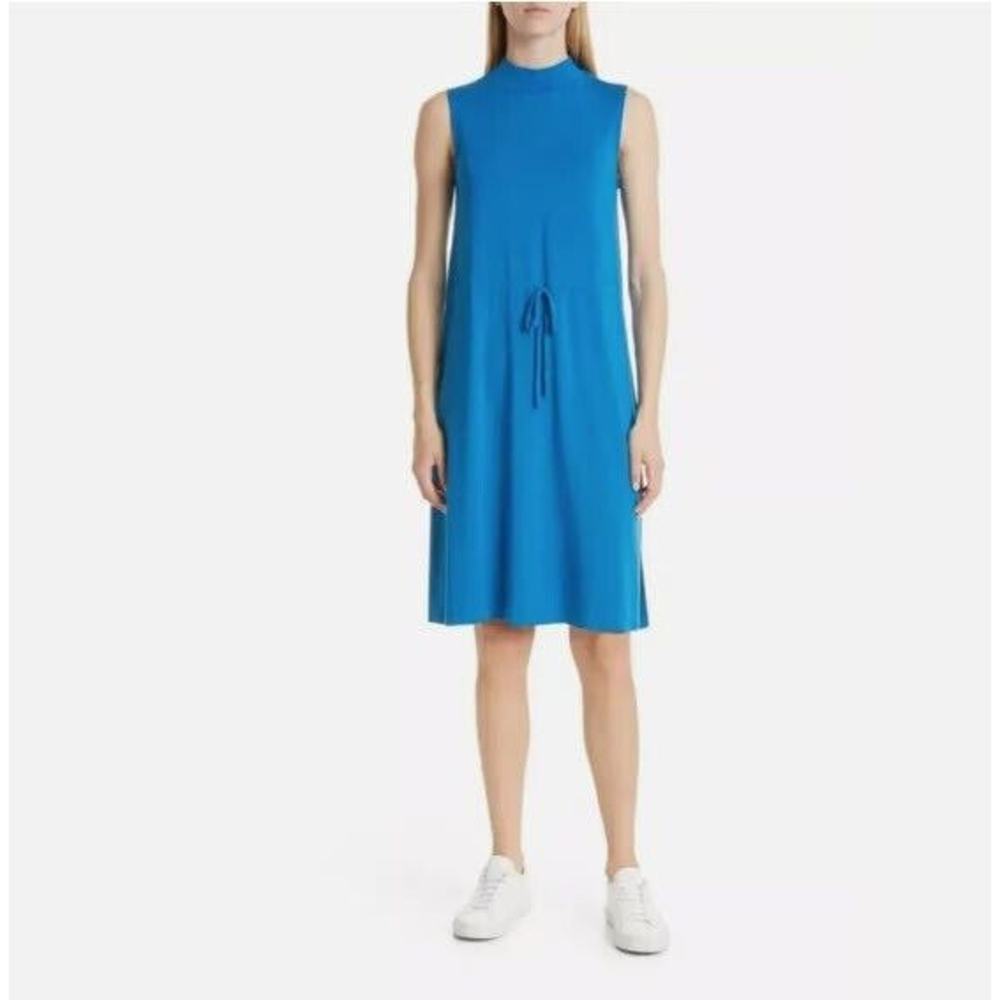 NWOT Eileen Fisher Mock Neck Tie Waist Sleeveless Knee Length Dress Marine Blue
